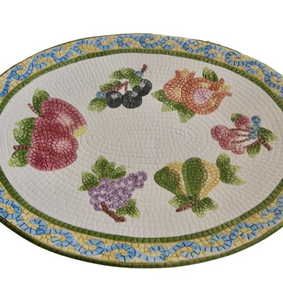 VTG 90s Mosaic Fruit Oval Serving Platter 18" Jay Import Co Cherries Figs Grapes - Picture 10 of 10